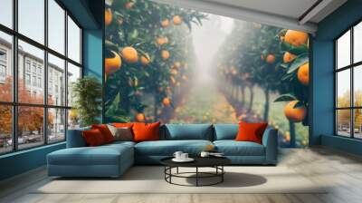 Fresh orange fruit on tree in plantation farm field closeup view Wall mural