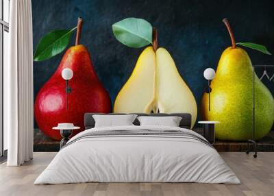 Fresh pear fruit on table with dark background Wall mural