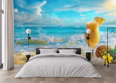 Fresh pineapple juice drink with fruit at sandy beach with blue sea and bright sun Wall mural