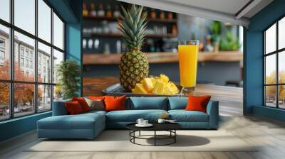 Fresh pineapple juice drink with fruit in a restaurant bar Wall mural