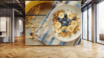 Fresh sliced banana fruit with milk breakfast closeup view Wall mural