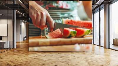 Fresh sweet ripe watermelon slices on wooden cut board Wall mural