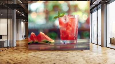 Glass of juice and fresh sweet ripe watermelon on table Wall mural