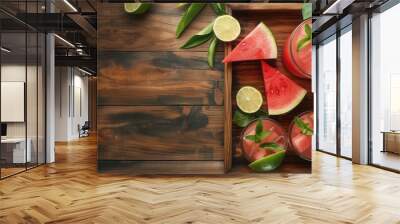 Glass of juice and fresh sweet ripe watermelon on table Wall mural