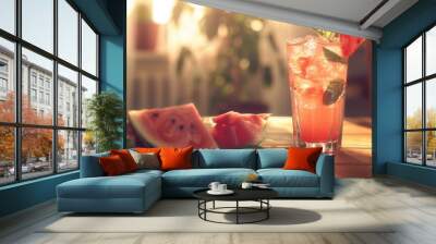 Glass of juice and fresh sweet ripe watermelon on table Wall mural