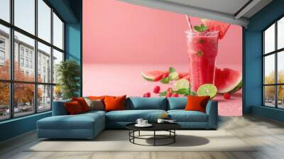 Glass of juice and fresh sweet ripe watermelon on table Wall mural