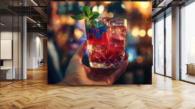 Hand hold summer drink with blueberry fruit Wall mural