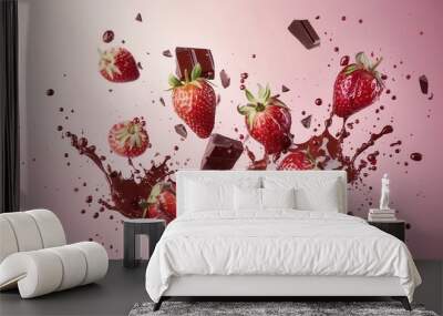 Juicy ripe strawberry fruit with chocolate splash Wall mural