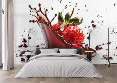 Juicy ripe strawberry fruit with chocolate splash Wall mural