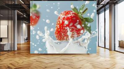 Juicy ripe strawberry fruit with milk splash Wall mural