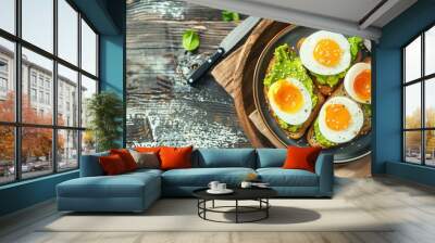 Luxury breakfast with eggs and fresh avocado fruit Wall mural