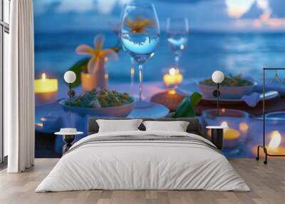 Luxury meal on table with sea at dusk with candle Wall mural