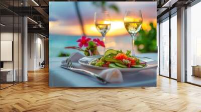 Luxury meal on table with sea with beautiful sunset Wall mural