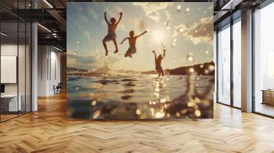 People having summer fun jumping playing in water outdoor Wall mural