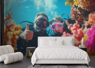 Portrait of diver with thumbs up gesture with colorful beautiful coral reef with sea life fishes Wall mural