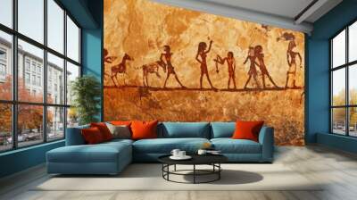 Prehistoric rock painting on ancient cave wall by caveman. Wall mural