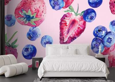 Repetitive background of blueberry and strawberry Wall mural