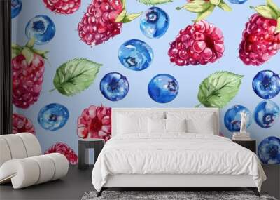 Repetitive background of blueberry and strawberry Wall mural