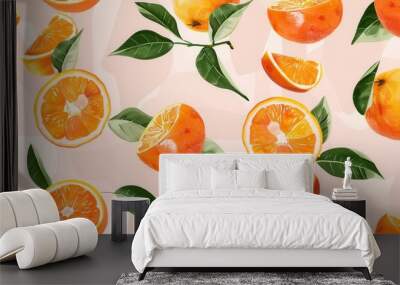 Seamless repetitive background pattern of fresh orange fruit with leaf Wall mural