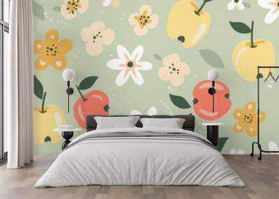 Seamless repetitive pattern background of fresh ripe apple for fabric design Wall mural