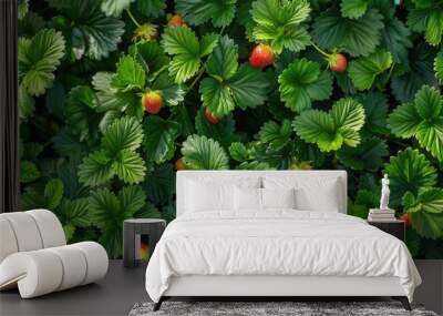 Seamless repetitive pattern background of strawberry plant with leaf and fruit Wall mural