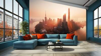 Shanghai city sunrise aerial view with Pudong business district Wall mural