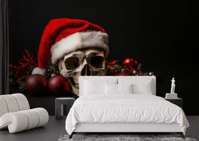 Skull wearing Christmas cap. Wall mural