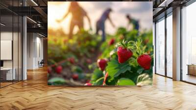 strawberry plant with fruit in plantation farm field with farmer working harvesting Wall mural