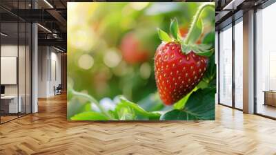 strawberry plant with fruit in plantation farm field Wall mural