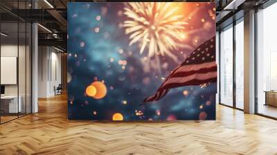 US national flag and fireworks show in celebration Wall mural