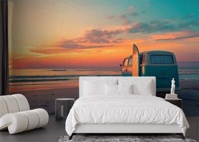 Vintage camper van with surfing board at sea beach in summer vacation Wall mural