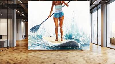 Watercolor painting of a female doing paddleboarding in water Wall mural