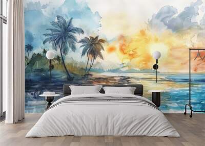 Watercolor painting of paml tree and island Wall mural