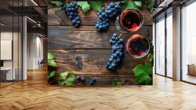 Wine glass fresh grape and wooden background Wall mural