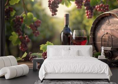 Wine glass grape with background of grape plantation winery Wall mural