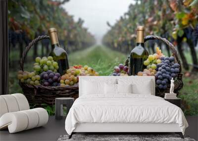 Wine glass grape with background of grape plantation winery Wall mural