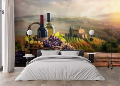 Wine glass grape with background of grape plantation winery Wall mural