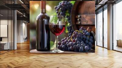 Wine glass grape with background of grape plantation winery Wall mural