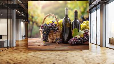 Wine glass grape with background of grape plantation winery Wall mural