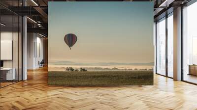 Hot Air Balloon floats over fog filled farm field and rolling hills at sunrise Wall mural