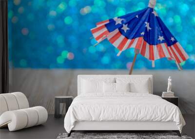 Open for business USA concept with closed umbrella with red, white, blue flag blank sign copy space.  Good for Memorial Day, patriotic, July 4, picnic, party. Wall mural