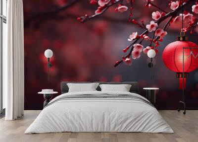 Dongzhi celebrates the winter solstice, A traditional Chinese festival with lantern and red plum blossom background, Mid-Autumn Festival, Chinese new year banner theme Wall mural