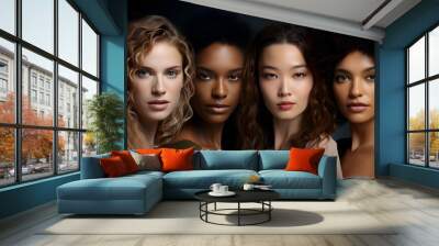 Portraits of women's faces from different diverse ethnicites, Beautiful diversity ethnicity, Group of beauty multiracial female models in studio black background Wall mural