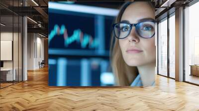 A businesswoman studies the financial markets in order to estimate potential risks and returns. Wall mural