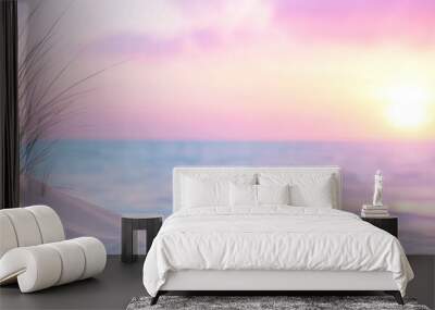 Beautiful dunes of beach with grass at sunset Wall mural