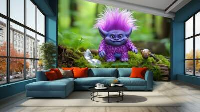 Tale troll with crystals in the forest, natural green background. Wall mural