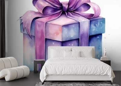 Watercolor birthday present with bow isolated on white background. Wall mural