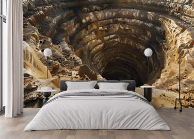  a sinkhole in a canyon harsh midday sun ,Expansive OpenPit Mine Landscape Showing Terraced Layers of Excavation in Daylight with Ominous.
 Wall mural