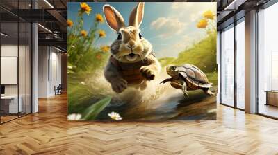  a-whimsical-scene-capturing-a-rabbit-and-a-turtle-in-a-playful-race-reminiscent-of-the-classic Wall mural