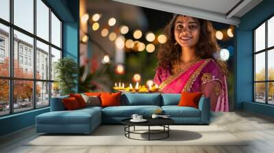 A beautiful Indian woman in saree holding a diya and plate of sweets, smiling at the camera with an outdoor background of flowers and lights Wall mural